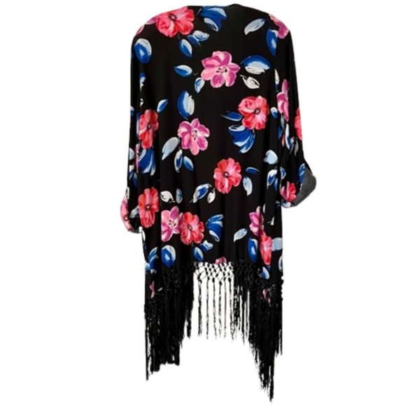 Torrid Open Floral Fringed Cardigan Roll Tab Sleeves - 2X - Picture 6 of 11